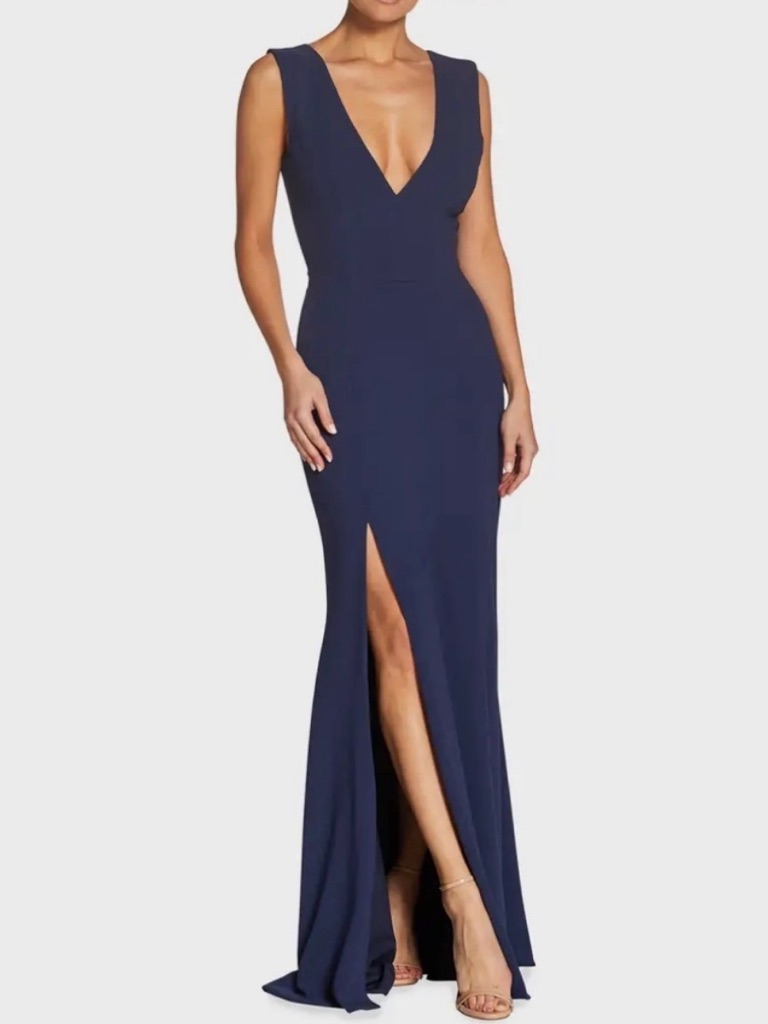 Dress The Population Navy Samdra Plunge Trumpet Gown